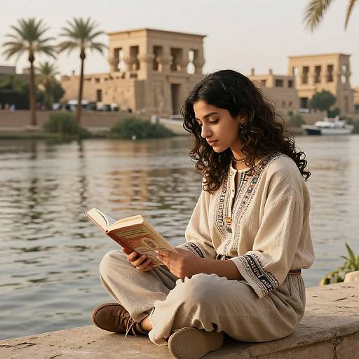 Photograph of a young woman with curly black hair, wearing a beige embroidered dress, sitting by a river, reading a book, with ancient Egyptian-style