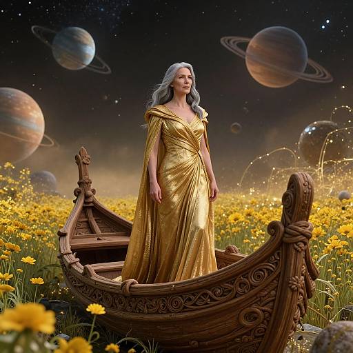 Digital artwork of a silver-haired woman in a golden, flowing gown standing in a wooden Viking boat amidst a yellow flower field, with planets and stars in