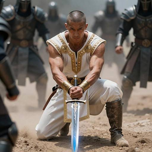 Muscular Warrior Crouched with Glowing Sword