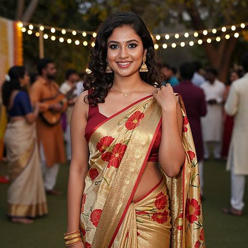Photograph of a smiling Indian woman with dark curly hair, wearing a gold and red floral saree, red blouse, gold jewelry, and a bind