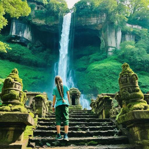 Fantasy Temple Waterfall Scene with Statue
