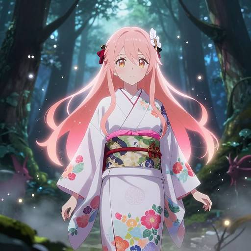 Anime-style digital illustration of a pink-haired girl with orange eyes in a white floral kimono, standing in a mystical forest with glowing fireflies.