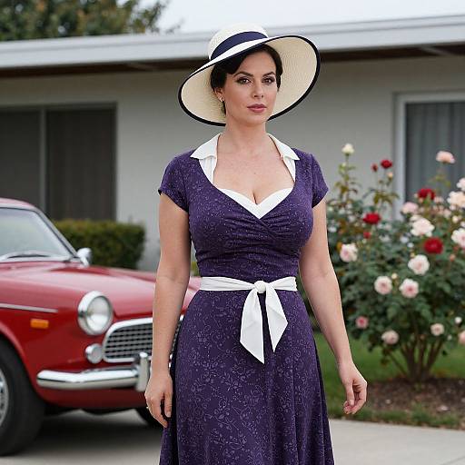 Photograph of a fair-skinned woman with dark hair wearing a black and white polka dot dress, white collar, and wide-brimmed hat