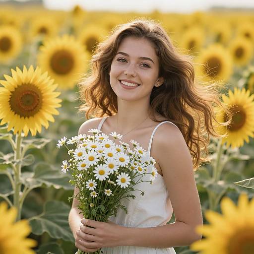 Photograph of a smiling young woman with wavy brown hair, wearing a white sleeveless dress, holding white daisies in a sunlit sun