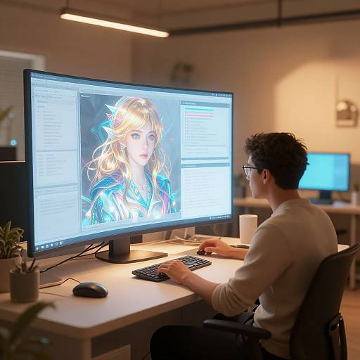 Photograph of a man with short dark hair, glasses, and white sweater, sitting at a desk, working on a digital portrait of a blonde woman