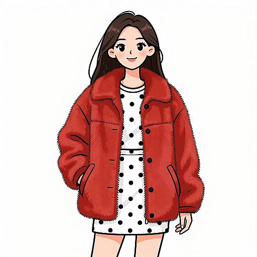 Digital illustration of a smiling woman with long black hair, wearing a red fur jacket over a white polka dot dress.