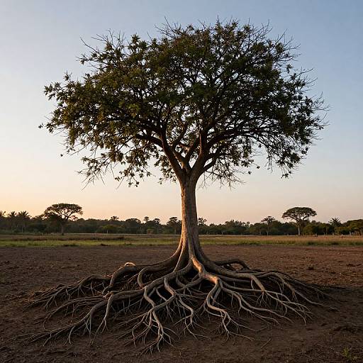 Photograph of a solitary, large tree with extensive exposed roots standing in a dry, open field at sunset, against a clear blue and orange sky.