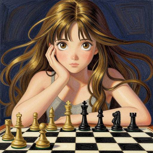 Digital painting of a wide-eyed, long-haired young woman with fair skin, wearing a gray tank top, intently watching a chessboard with gold and