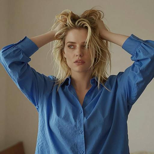 Blonde woman in blue oversized shirt