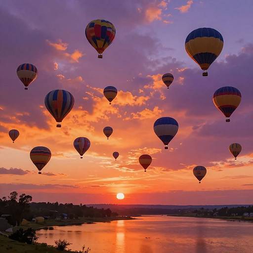 Photograph of colorful hot air balloons floating above a serene lake during a vibrant sunset, with orange, pink, and purple clouds.