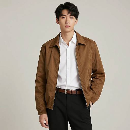 Photograph of an Asian man with short black hair, wearing a brown leather jacket over a white shirt, black pants, and brown belt, standing against