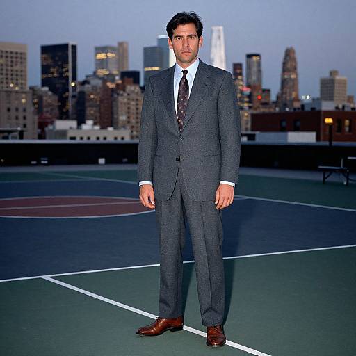 Photograph of a serious, dark-haired man in a blue checkered suit and brown shoes standing on a rooftop tennis court at dusk, with a city