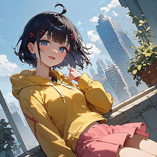 Anime-style digital illustration of a cute, black-haired girl in a yellow hoodie and pink skirt, sitting outdoors with a cityscape background.