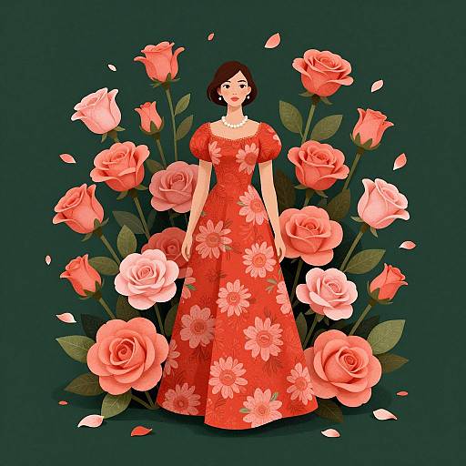 Digital illustration of a woman in a red floral dress, standing amid blooming pink roses with green leaves, against a dark green background.
