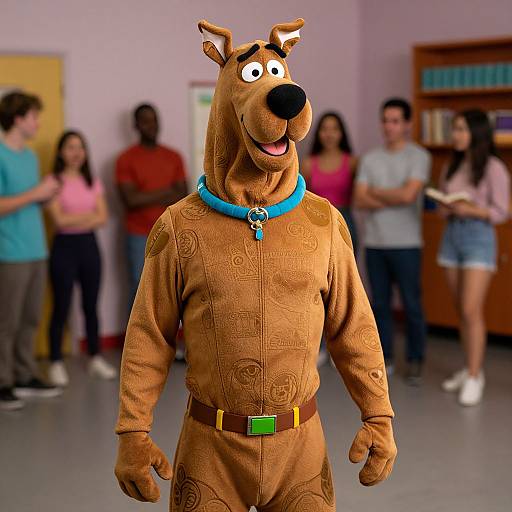 Photograph of a person in a detailed Scooby-Doo costume with blue collar, standing in a blurred classroom background with students.