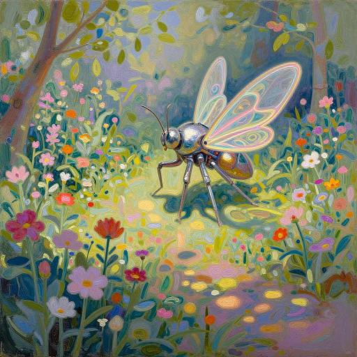 Whimsical painting of a glowing, iridescent bee with translucent wings amidst a vibrant, colorful meadow filled with blooming flowers.