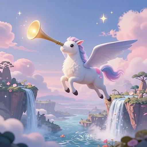 Digital artwork of a white winged unicorn with a purple mane, playing a golden trumpet above a glowing waterfall in a vibrant, fantasy landscape with pink clouds