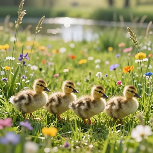 Photograph of four yellow ducklings with black stripes standing in a sunlit, colorful meadow of wildflowers and tall grass.