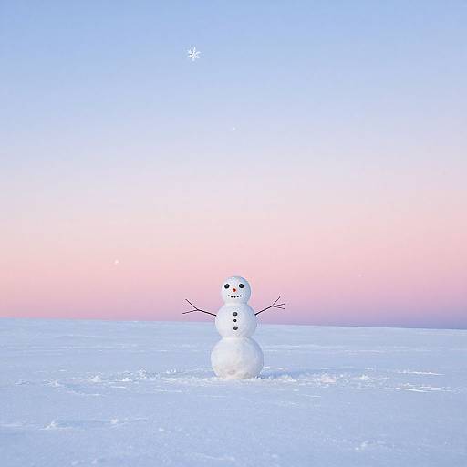 Digital illustration of a lone snowman with stick arms, black dot eyes, and smiling mouth, standing on a snowy landscape at sunset. Blue and pink