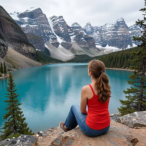 Photograph of a woman in a red tank top and jeans, sitting on a rocky outcrop, gazing at a turquoise lake surrounded by snow-c
