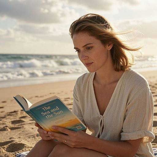 Photograph of a young woman with light brown hair, wearing a white, loose-knit top, sitting on a sunlit beach reading 