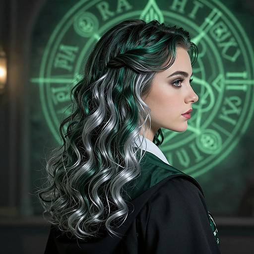 Woman with Slytherin Hair in Magical Setting