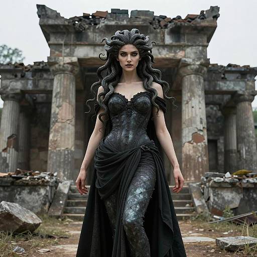 Photograph-style CGI of a dark-haired, pale-skinned woman in a black, sequined gown with snake-like hair, standing in front of a