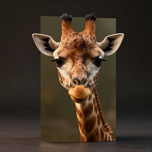 Photograph of a giraffe's head and neck, centered within a dark rectangular frame, showcasing its brown and white patterned fur, large ears,