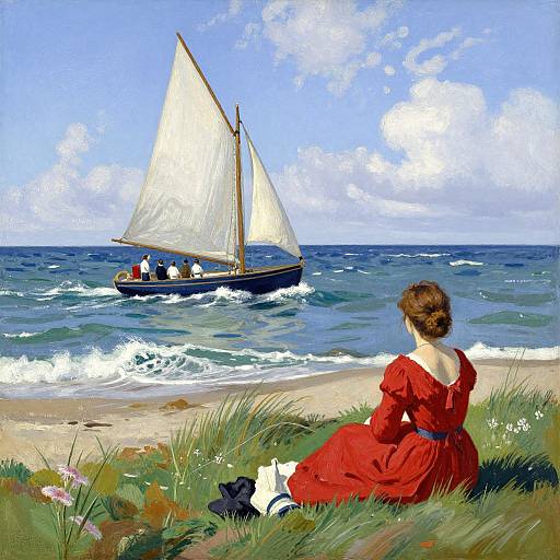 Impressionistic Coastal Sailboat Scene