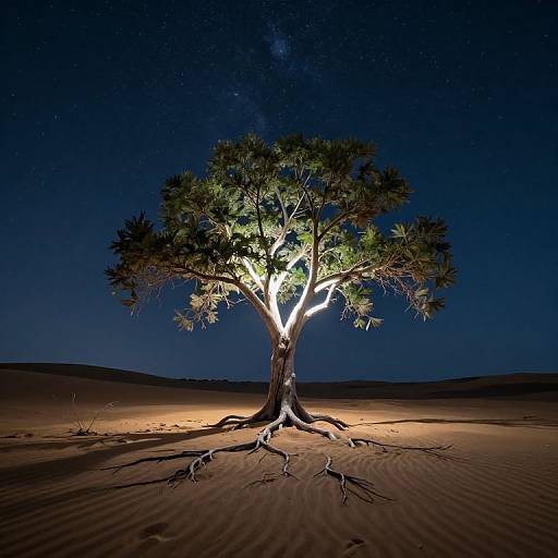 Photograph of a solitary, brightly lit tree in a starry desert night, with its glowing trunk and branches contrasting against the dark, sandy landscape.