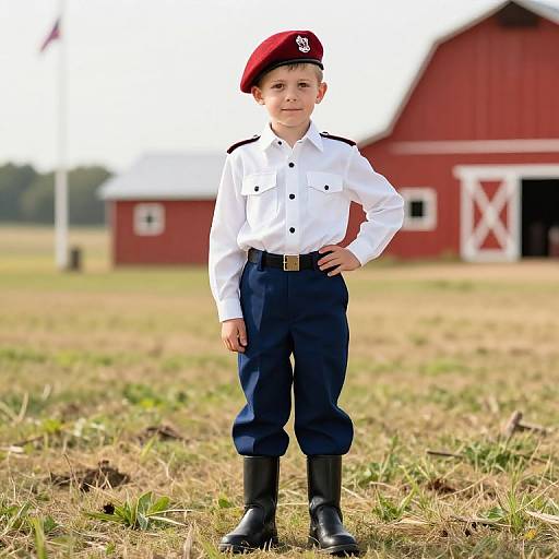 Photograph of a young boy in a white shirt, navy pants, black boots, and red beret, standing in front of a red barn.