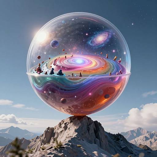 CGI image of a transparent, galaxy-filled sphere with colorful swirling patterns and floating planets, balanced on a mountain peak under a bright blue sky.