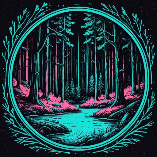 Retro Bioluminescent Forest Illustration