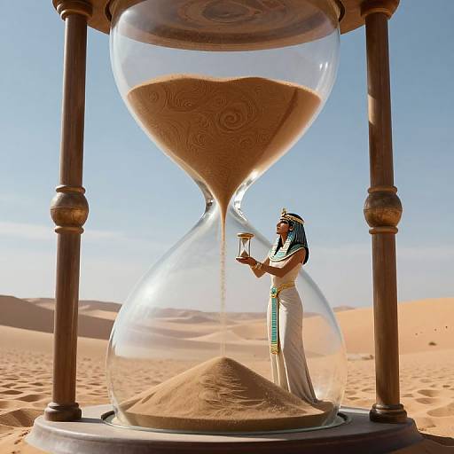 Photograph of an ancient Egyptian woman with blue hair in white dress, holding an ankh, standing in front of a large hourglass in a desert