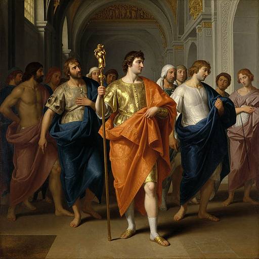Renaissance painting of King David in golden armor and orange robe, holding a staff, surrounded by men in classical robes in an ornate hall.