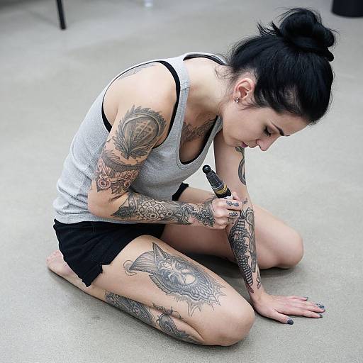 Photograph of a heavily tattooed woman with black hair in a bun, wearing a gray tank top and black shorts, kneeling on a concrete floor and