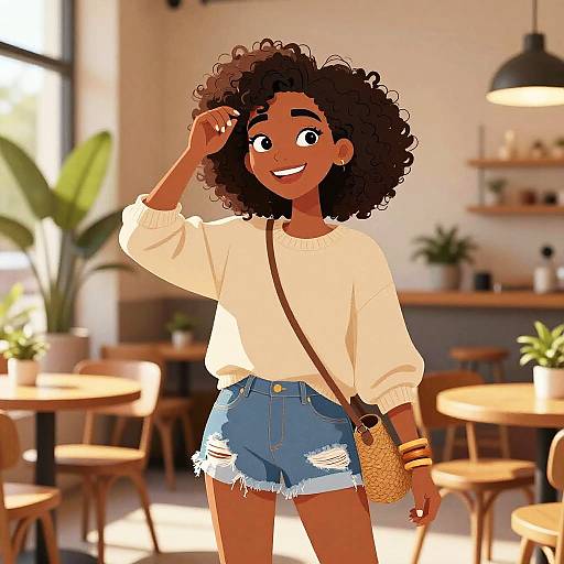 Digital illustration of a smiling, dark-skinned, curly-haired woman in a white sweater and frayed denim shorts, standing in a sunny, modern café