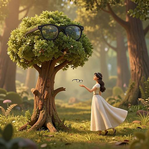 Digital illustration of a woman in a white dress handing oversized sunglasses to a tree with a leafy top in a sunlit forest.
