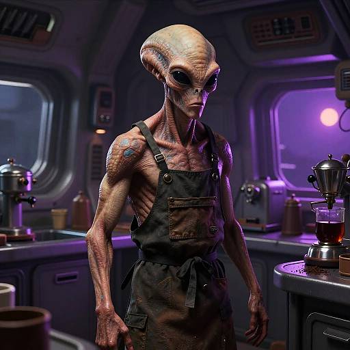 Aged Alien in Moody Spaceship Kitchen