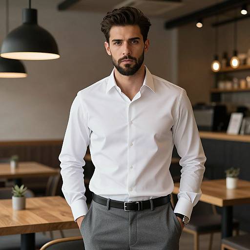 Photograph of a handsome bearded man with dark hair, wearing a white dress shirt, gray pants, and black belt, standing in a modern café