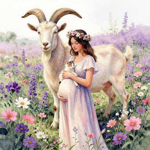 Digital painting of a pregnant woman with a flower crown, wearing a flowing white dress, standing beside a white goat in a vibrant field of pink, purple