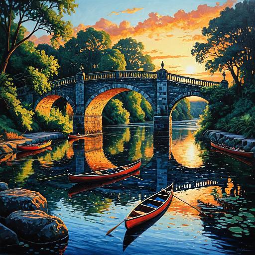 Sunset Stone Bridge Oil Painting