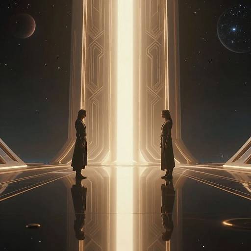 Digital art of two silhouetted figures facing each other in a futuristic, glowing corridor with neon lines, reflecting on a shiny floor, set against