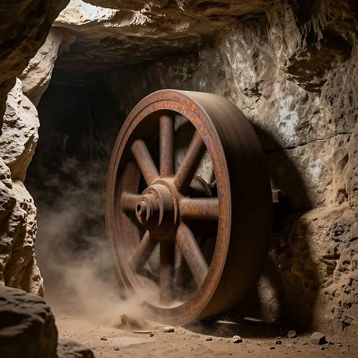 Photograph of a large, rusted, wooden wagon wheel spinning in a dim, rocky cave, dust flying up, with textured stone walls framing the