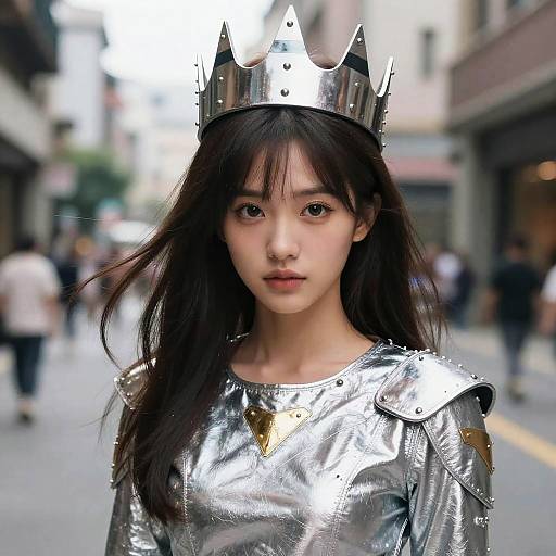 Young Woman in Silver Armor and Crown on Street