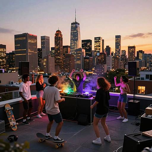 Photograph of a rooftop party at sunset with a city skyline, five young people dancing, colorful stage lights, skateboard, and speakers.