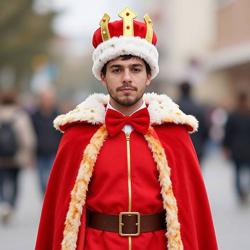 Photograph of a man with medium skin tone, dark hair, and beard, wearing a red Santa king outfit with white fur trim, golden crown,