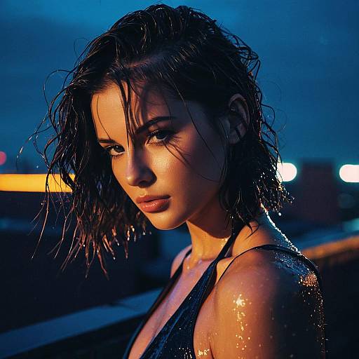 Fashion Model with Wet Look Hairstyle on Rooftop