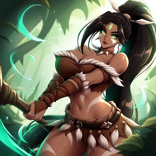 Illustration of Nidalee, league of legends in the style of Mazume