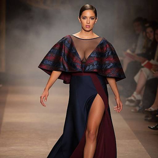 Photograph of a model with sleek black hair, wearing a deep V-neck, black and red patterned cape, and black skirt with a high side